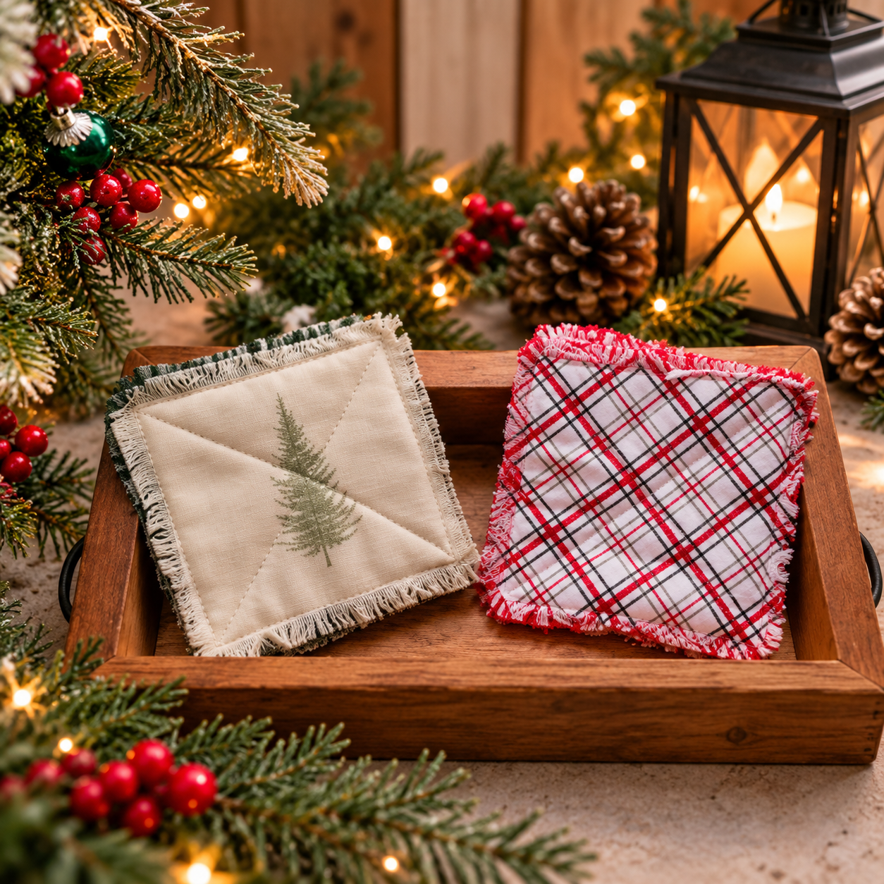 Handmade cream fabric coasters featuring a charcoal botanical leaf print, decorative stitching, and frayed edges on a rustic wooden table