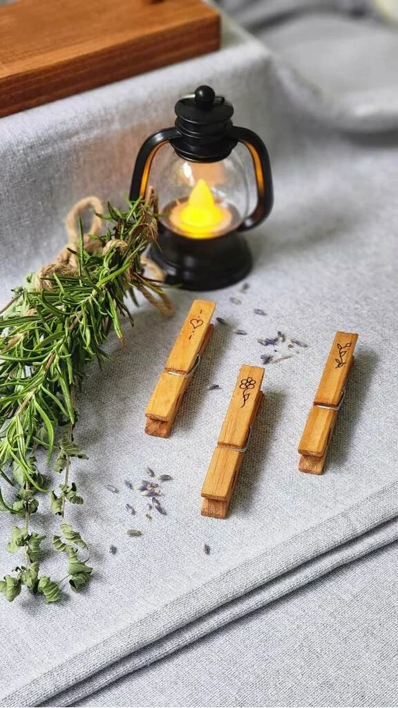 Herb Garden Collection 3 repurposed clothespins with hand drawn design of a heart, a daisy, a leafy vine closeup with mini lantern and scattered dried lavender