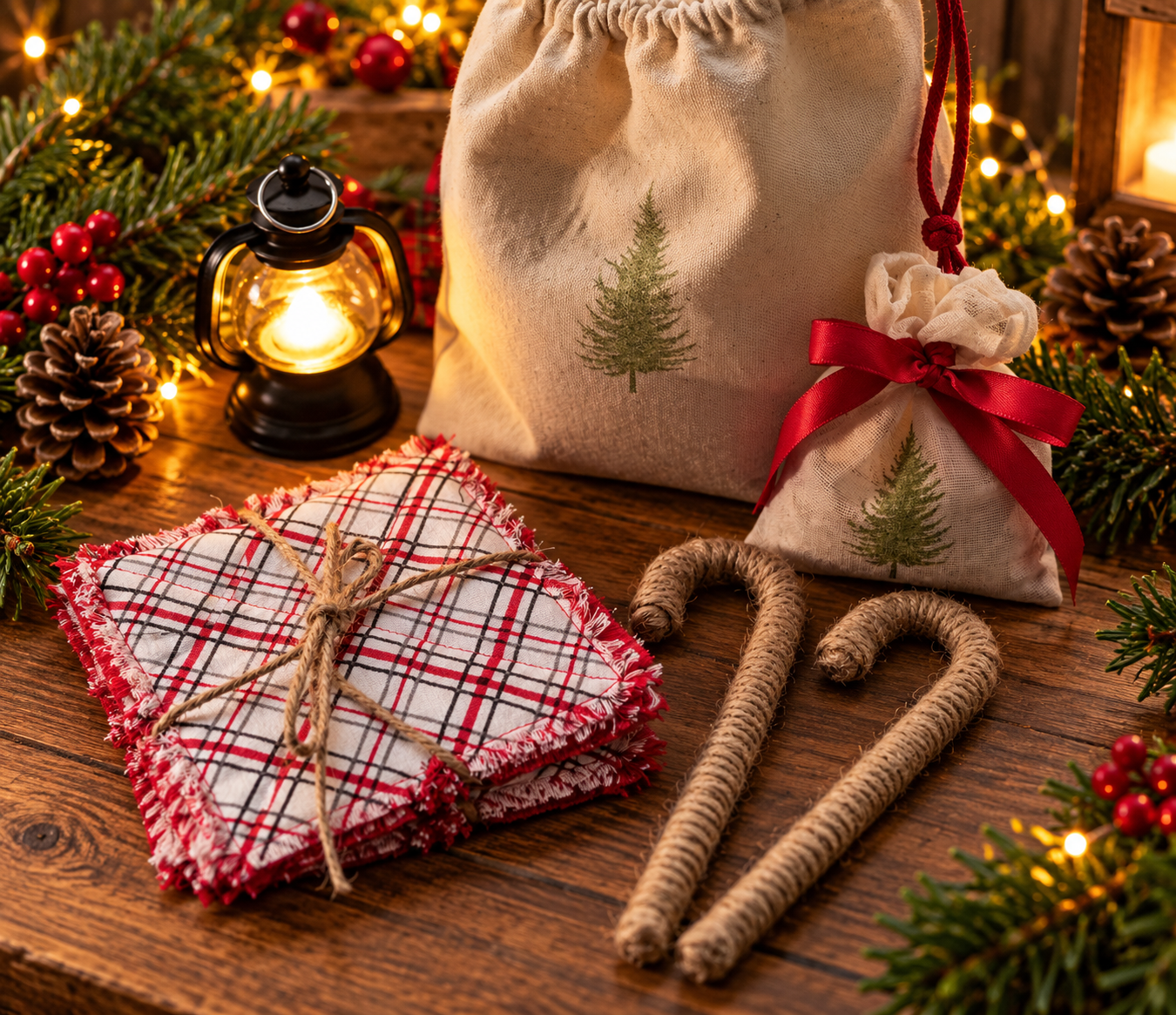 Handmade Christmas gift collection with red plaid fabric coasters, twine-wrapped candy cane ornaments, a drawstring gift bag, scented sachet, and glowing lantern.