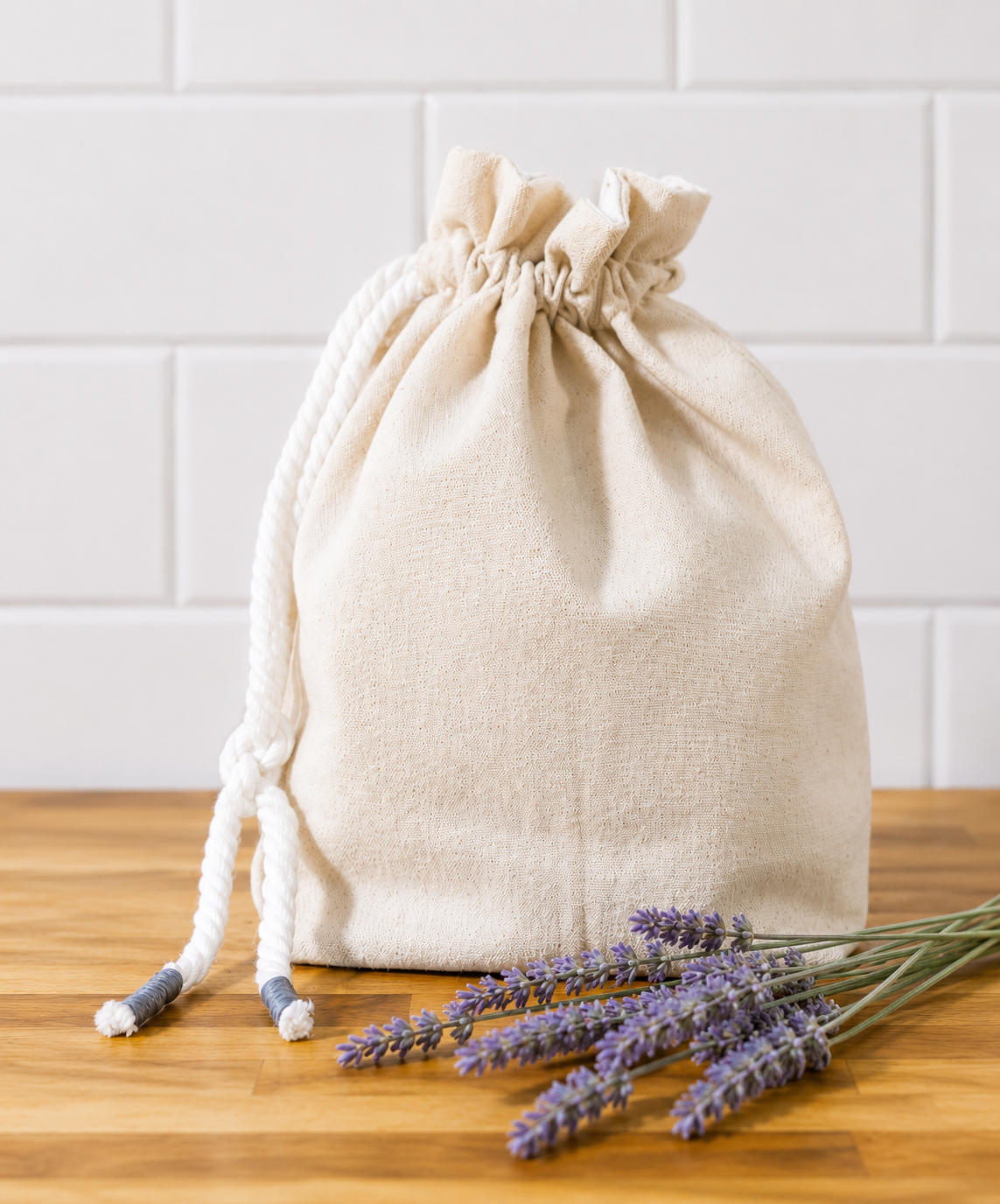 Natural canvas drawstring gathering pouch with lavender sprigs.