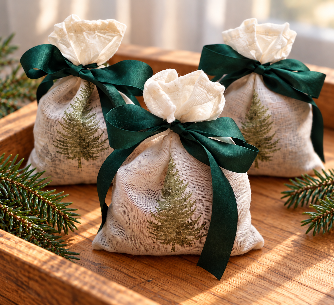 Three Cedar & Balsam Fir scented sachets with evergreen tree designs and forest-green satin bows displayed with evergreen sprigs.