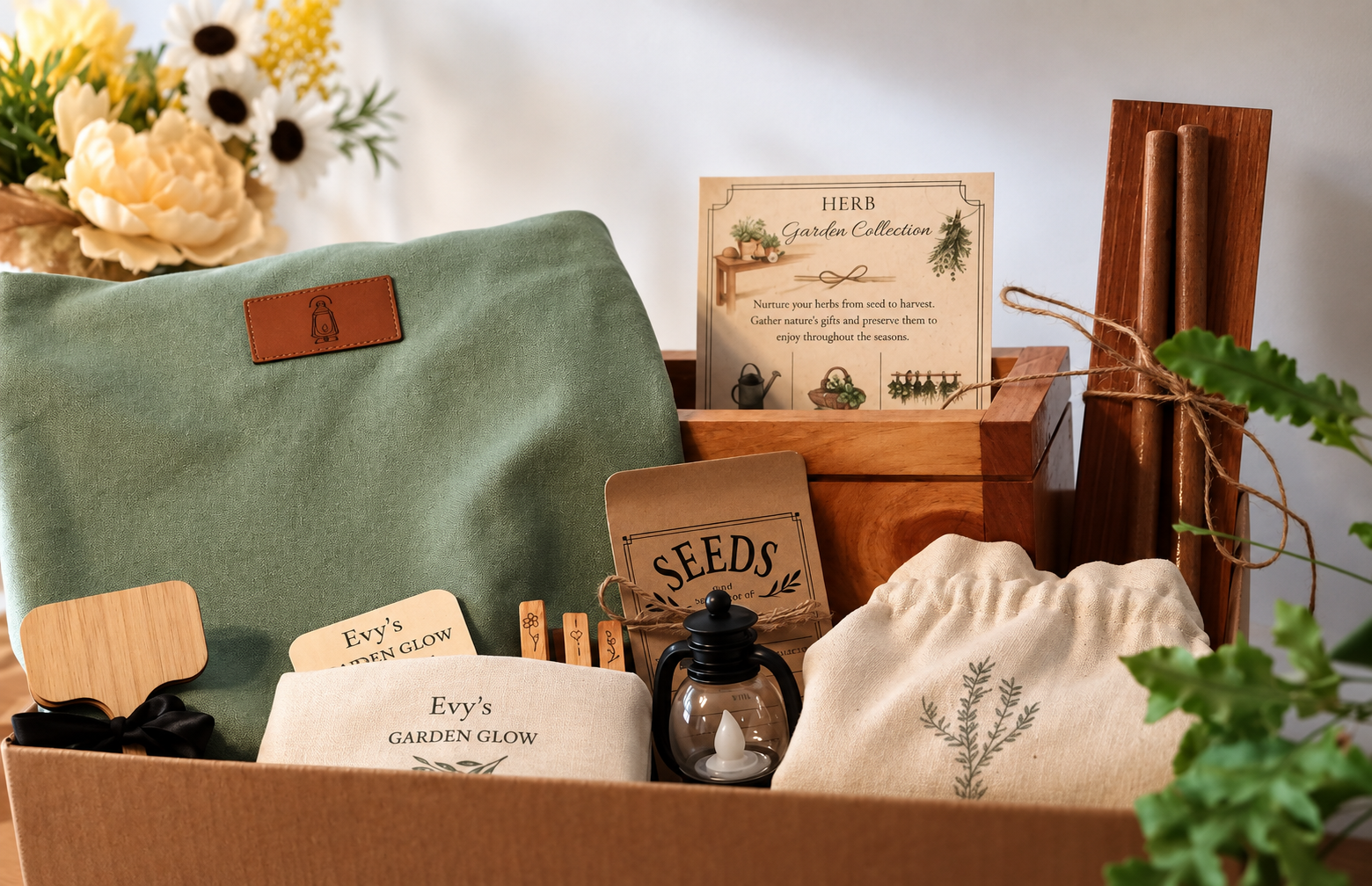 Herb Garden Gift Box featuring sage green canvas tote, wooden planter, seed envelopes, herb drying accessories, drawstring bag, plant markers, and mini lantern.