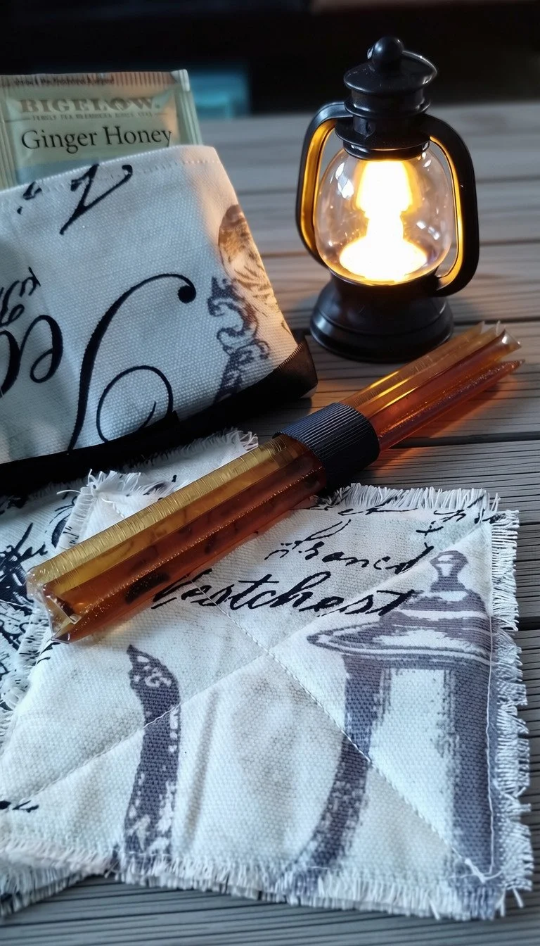 Close-up of handmade frayed-edge coasters, honey sticks, tea pouch and glowing mini lantern from the Evening Comfort gift set.