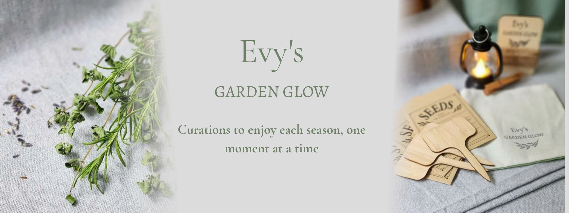 Evy’s Garden Glow banner featuring fresh herbs, seed packets, wooden plant markers and a black lantern with warm garden-inspired styling.