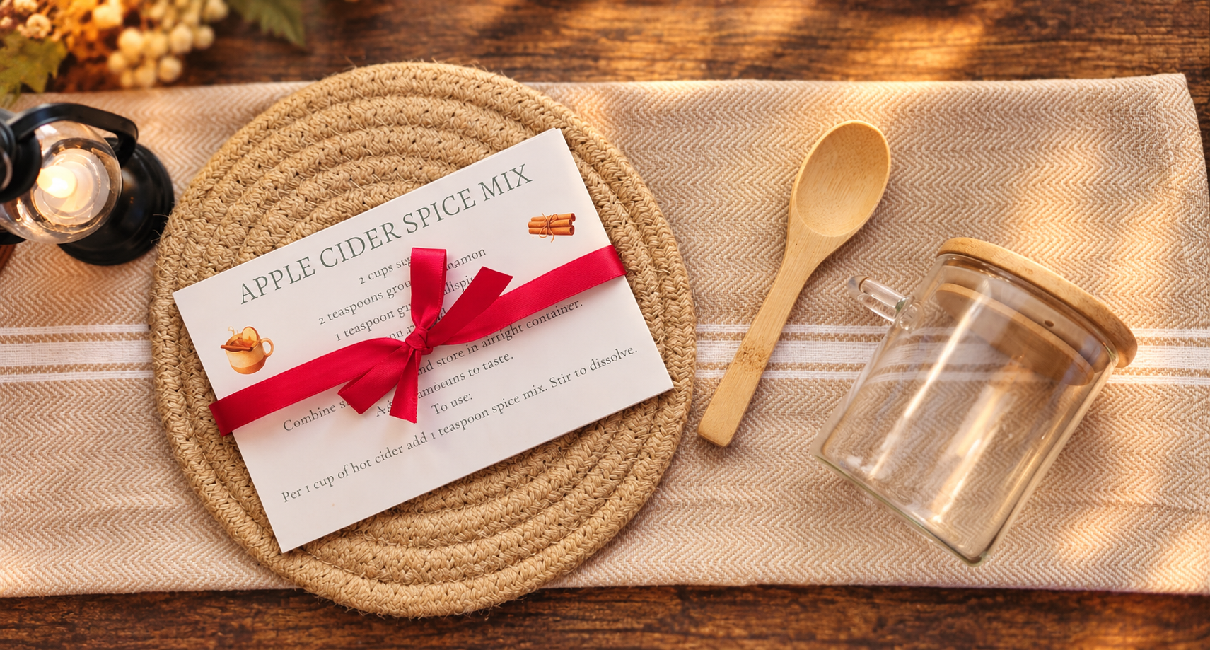 Overhead view of the Autumn Evening Collection's Apple Cider Spice Mix recipe cards tied with red ribbon, braided trivet, beige striped kitchen towel, glass jar, and wooden spoon in warm lighting.