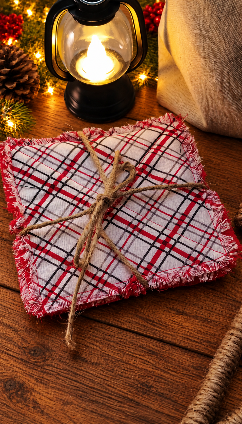 Handmade red plaid Christmas fabric coasters with frayed red edges, stacked and tied with rustic twine.