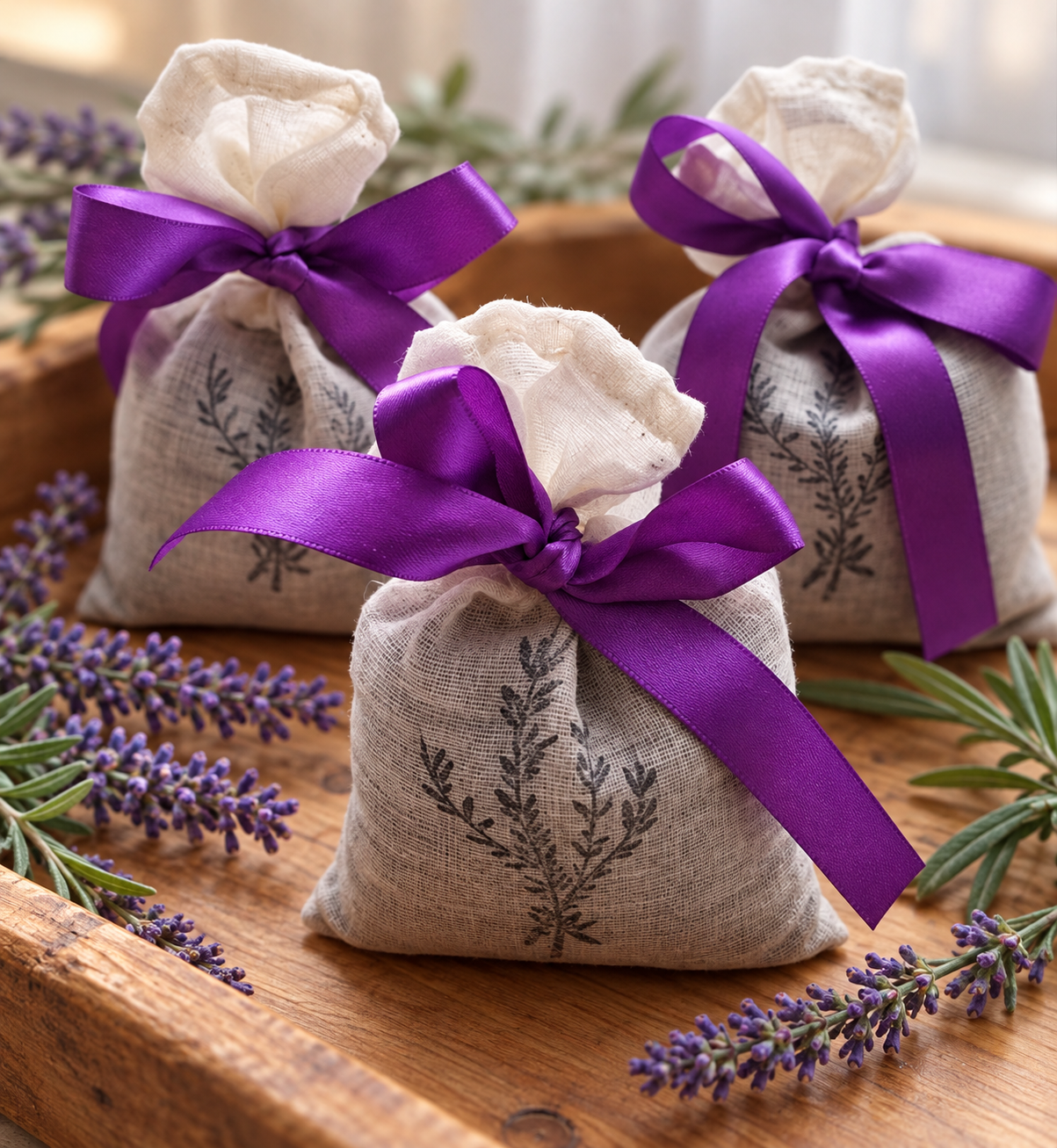 Three lavender scented sachets with purple satin bows and lavender designs displayed on a wooden surface with lavender sprigs.