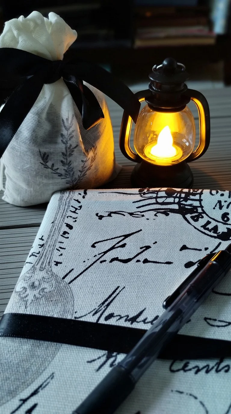 Quiet Moments gift set with fabric-covered journal and pen, lavender sachet, and glowing mini lantern.