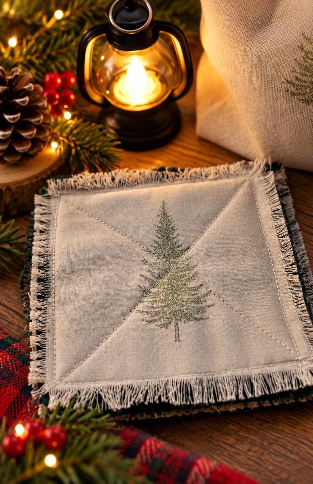 Handmade cream-colored Christmas coasters with embroidered evergreen tree designs and softly frayed edges, displayed beside a glowing lantern.