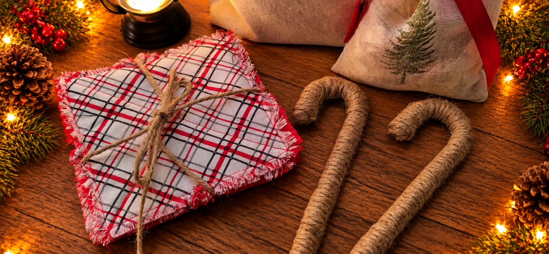 Close-up of handcrafted candy cane ornaments wrapped in rustic twine beside red plaid handmade Christmas coasters.