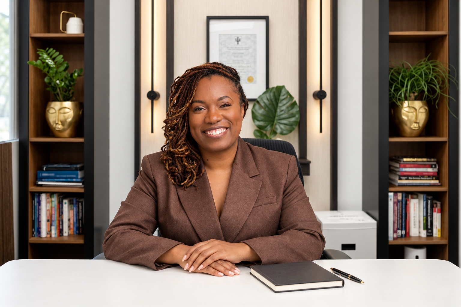 Black Psychologist behind a office desk