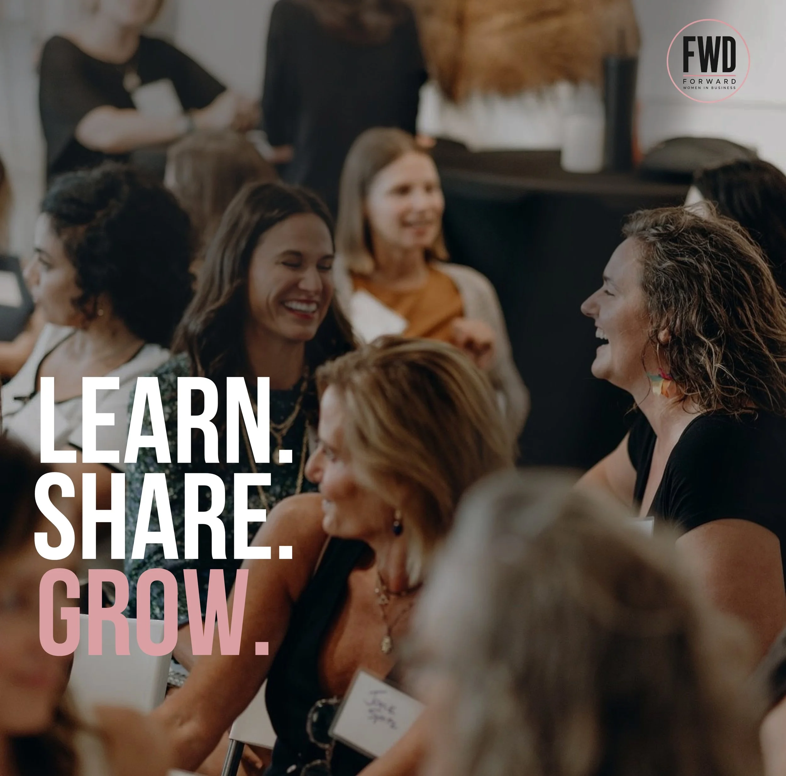 A group of women smiling and engaged in a discussion at a professional event, with a logo for 'Forward Women in Business' in the upper right corner.