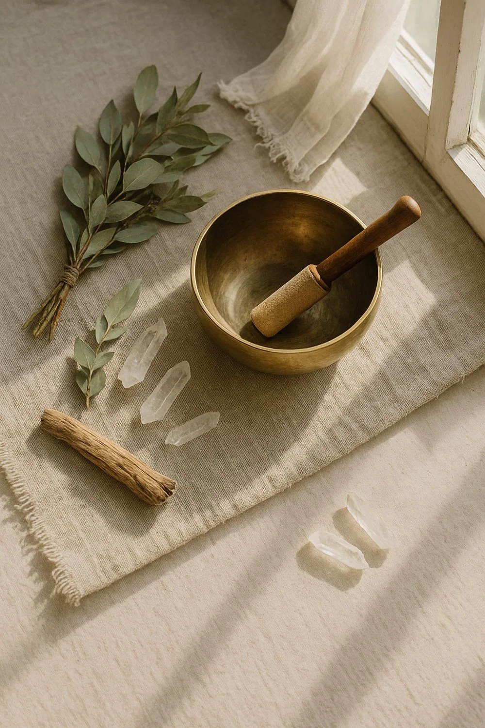 A brass singing bowl with a wooden mallet resting inside, accompanied by a bunch of eucalyptus leaves, a piece of palo santo, three clear quartz crystals, and a few rose quartz crystals, arranged on a beige fabric surface near a window with cream curtains.