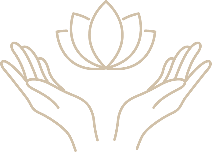 Outline of two hands holding a lotus flower symbol.