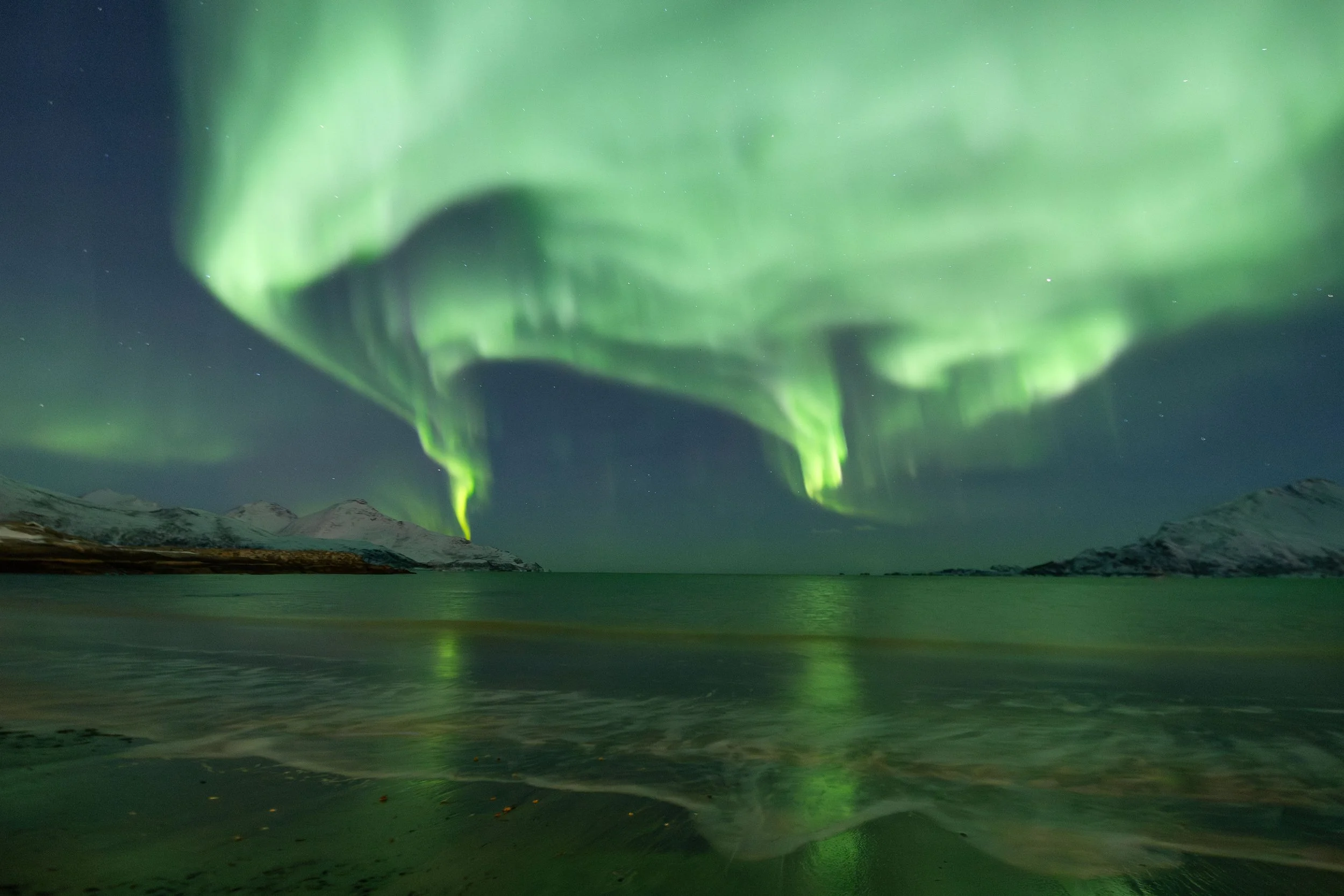 Fotografía nocturna de aurora boreal sobre playa del Ártico noruego Grøtfjord, con reflejos verdes en el agua y montañas nevadas bajo el cielo nocturno.