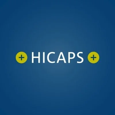 HICAPS logo with yellow plus signs on a blue background.