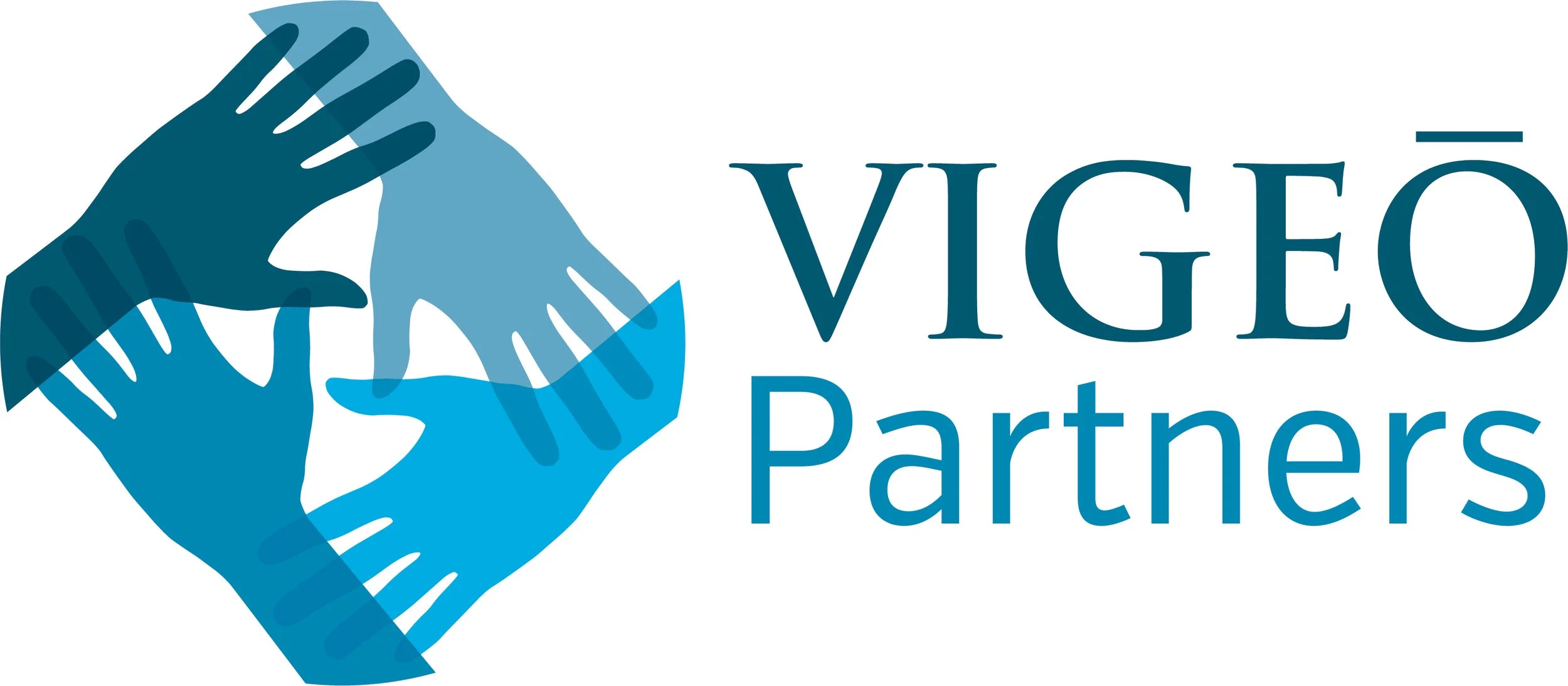 Logo for Vigeo Partners depicting multiple overlapping hands in shades of blue forming a square, accompanied by the text 'Vigeo Partners' in blue.