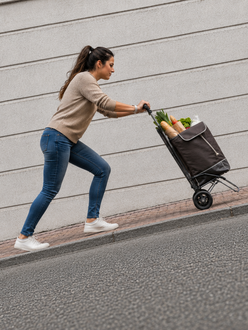 mujer empujando cuesta arriba un carro convencional lleno de la compra