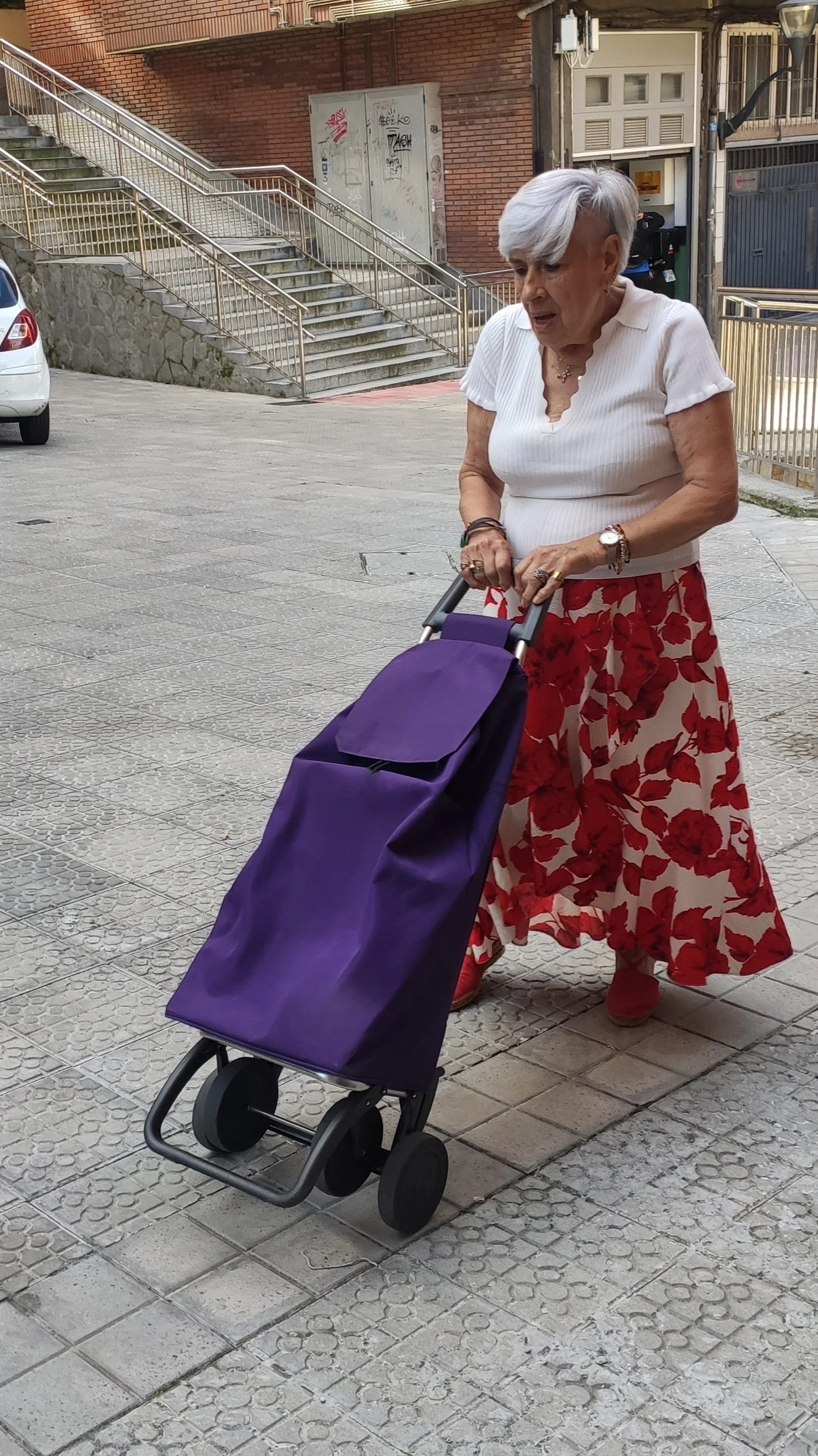 mujer empujando un carro convencional cuesta arriba