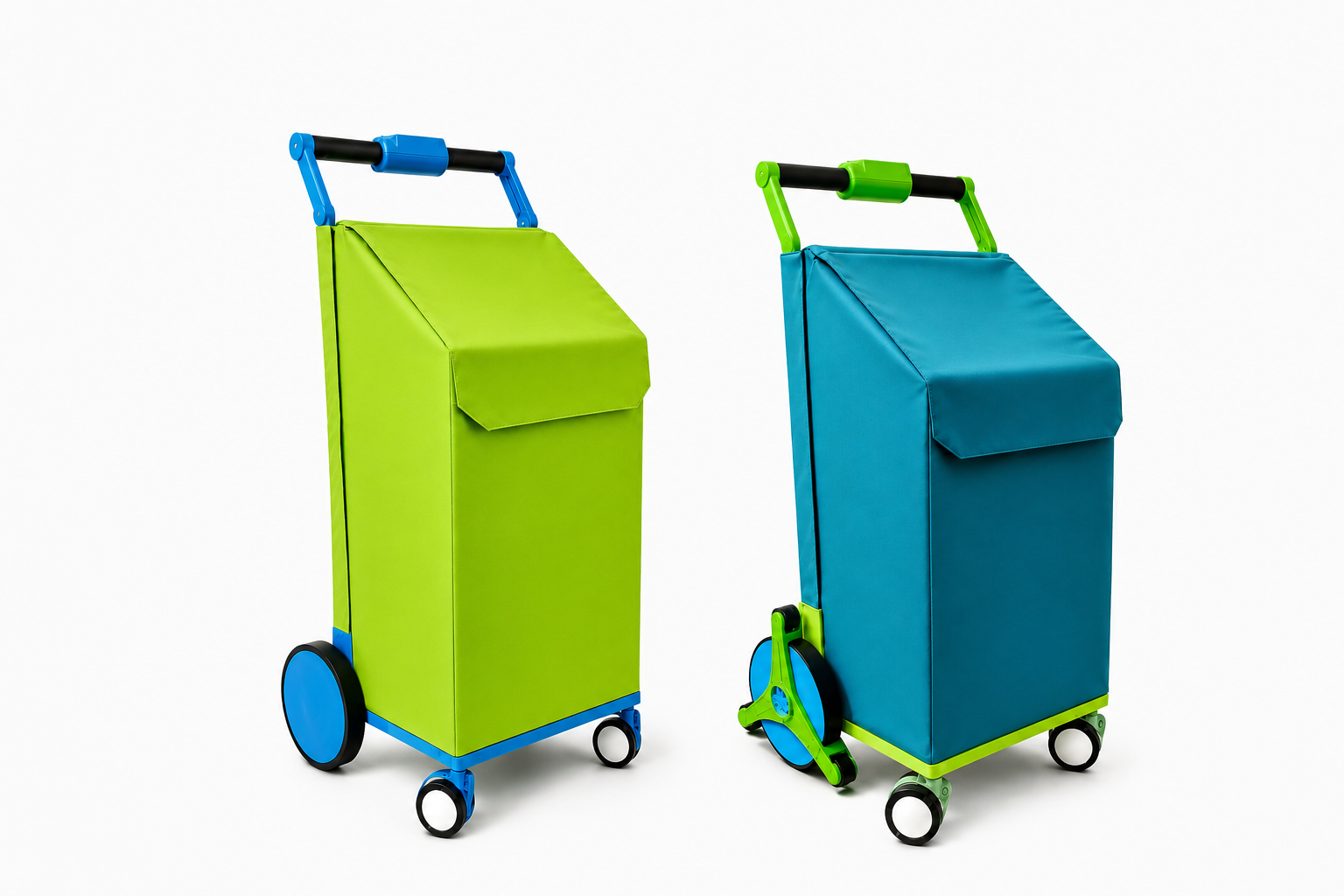 Two colorful shopping trolleys, one green and blue, and the other blue and green, with handles and wheels, on a white background.