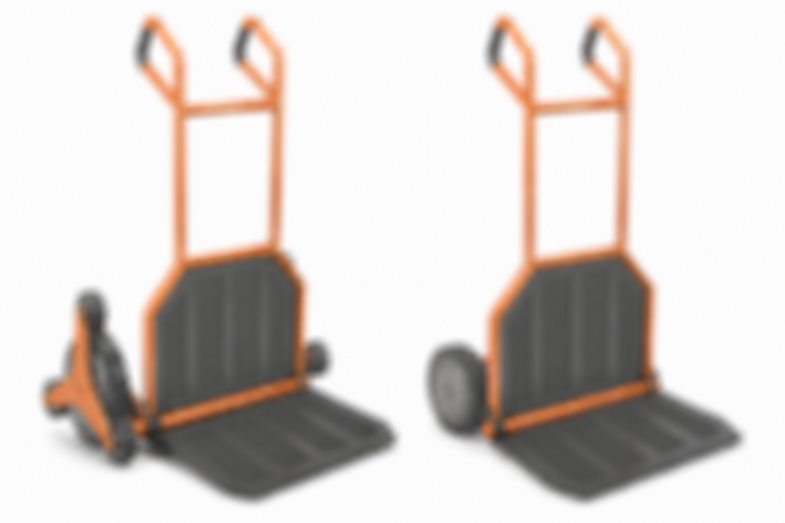 Two orange and black stair climber carts with wheels, viewed from the front against a white background.