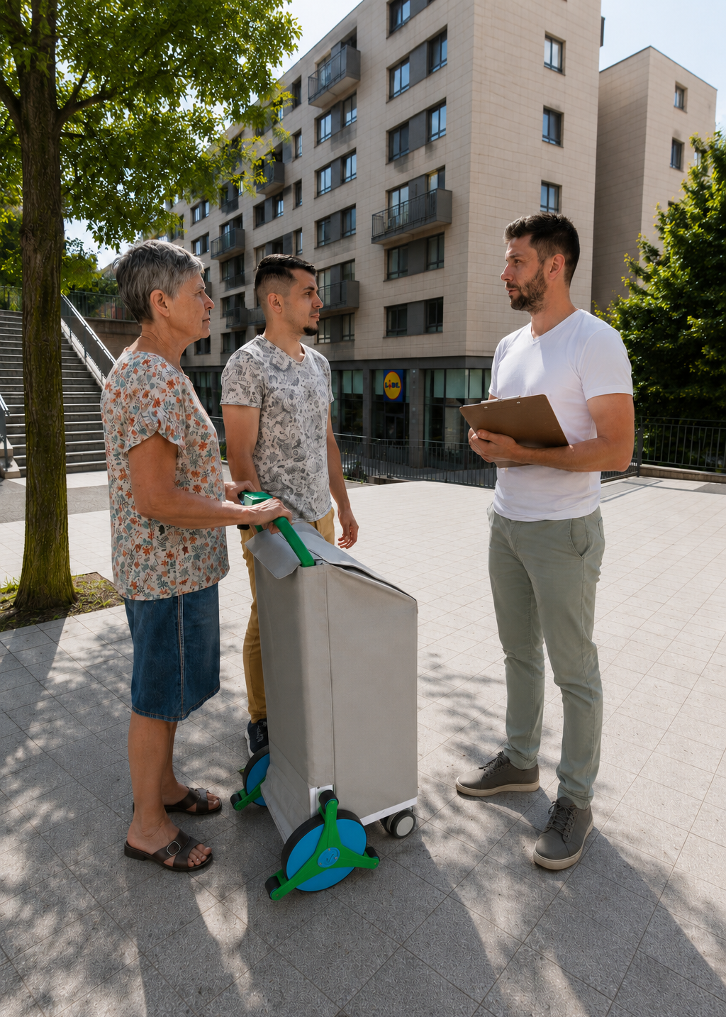 A man and woman, standing on a sidewalk with a cart, talking to a young man holding a clipboard outdoors near a multi-story building, with trees and a Lidl store sign in the background.