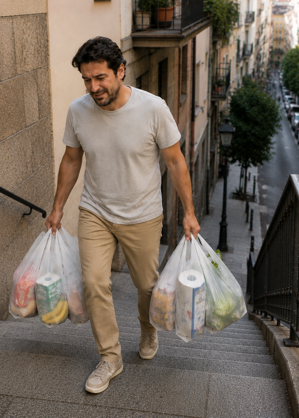 hombre subiendo la compra en bolsas por escaleras haciendo esfuerzo