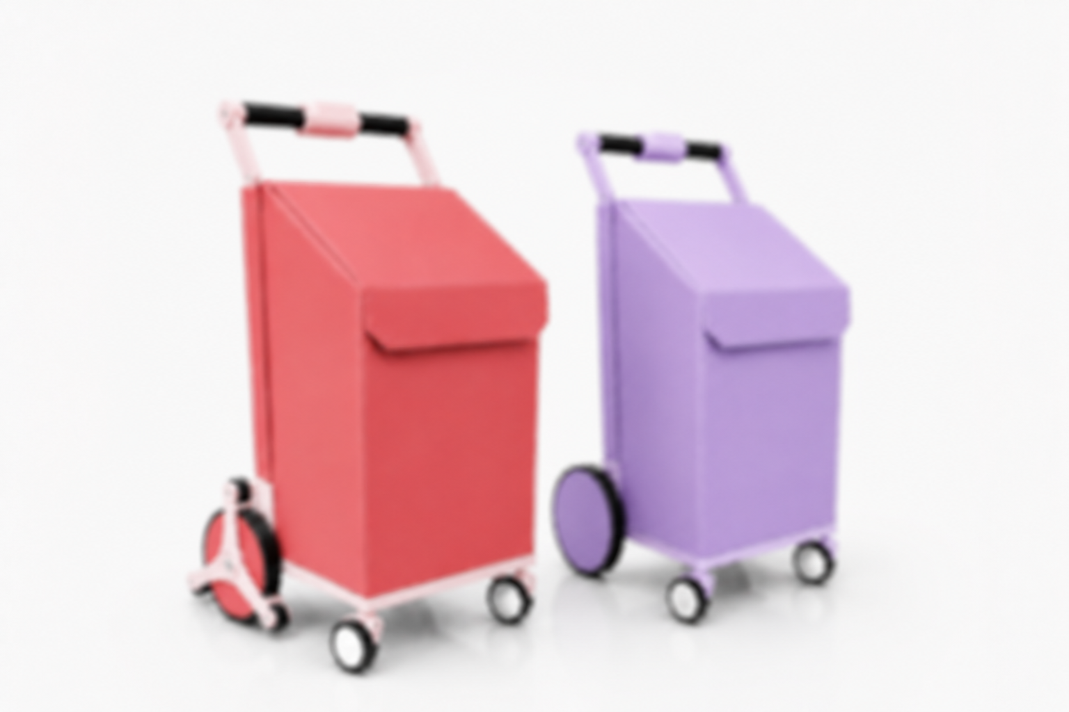 Two colorful toy shopping carts, one pink and one purple, with handles and wheels, standing against a white background.