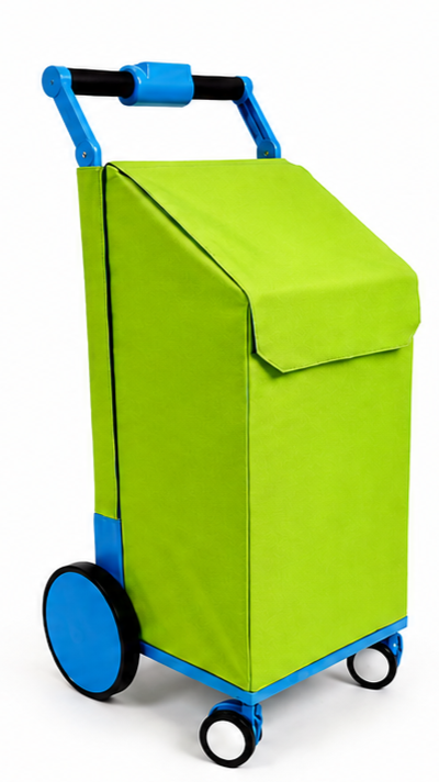 Carro para la compra y usos alternativos de color verde con detalles azules, diseñado para superar cuestas.