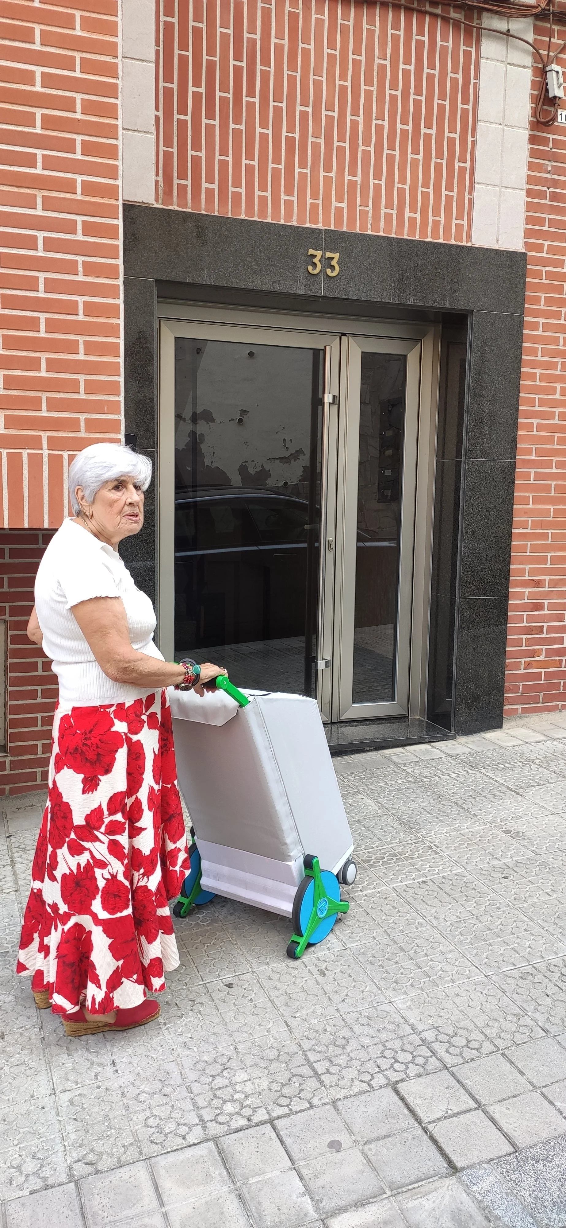 mujer llegando a casa con un carro sube-escaleras