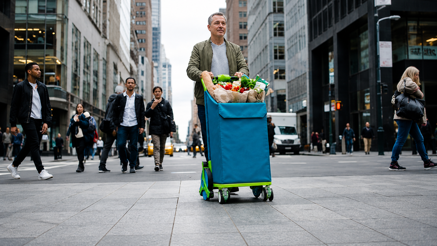 A man pushing a grocery cart filled with produce across a busy city street with pedestrians and tall office buildings.