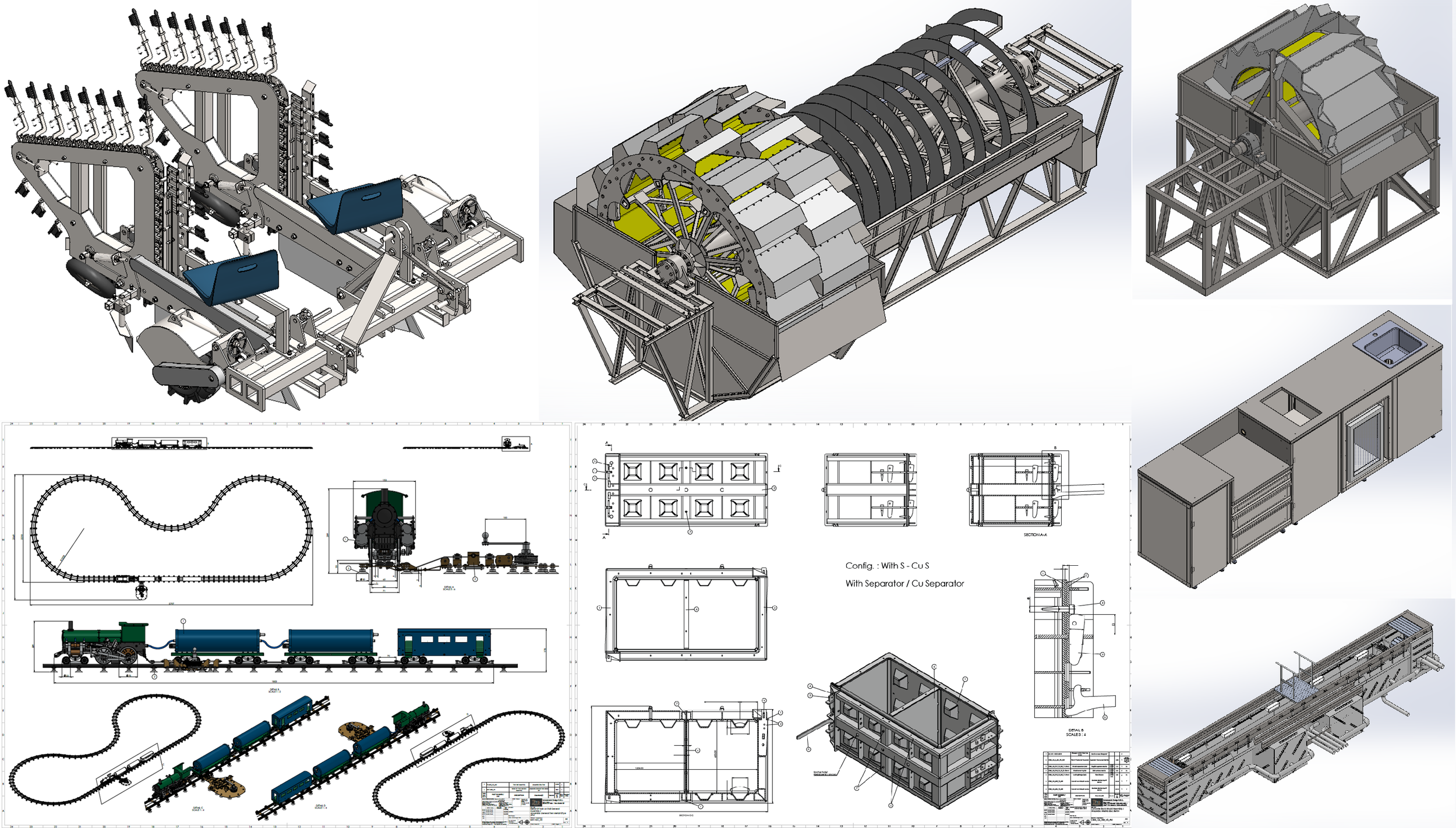 Compilation of engineering drawings and 3D renderings of a mechanical system, including parts such as a track, train cars, structural frames, and various mechanical components.
