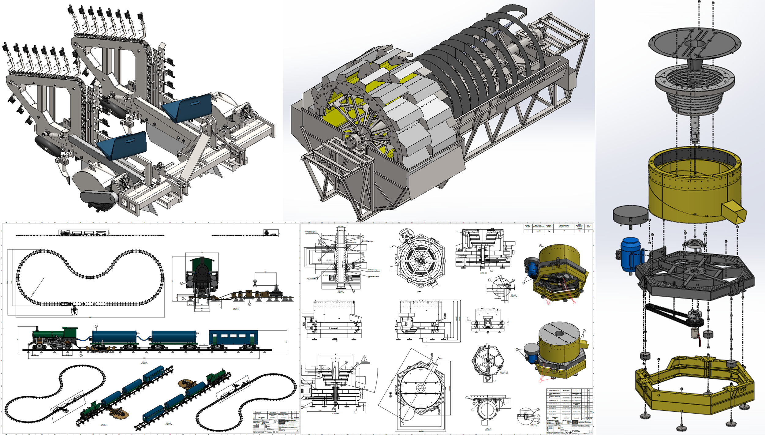 Technical drawings and 3D renderings of a mechanical system, likely a train or locomotive, showing various components and assembly details.
