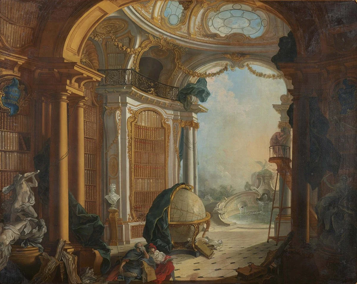 A grand, ornate library with tall gold and white columns, wood-paneled walls, and a large window opening to a garden with a fountain. The library contains numerous books, sculptures, and a large globe.
