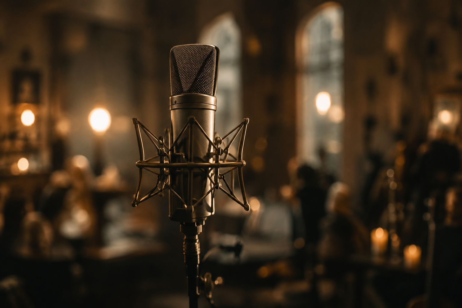 Vintage studio microphone on a stand in a warmly lit, cozy indoor setting, with blurred people and candles in the background.