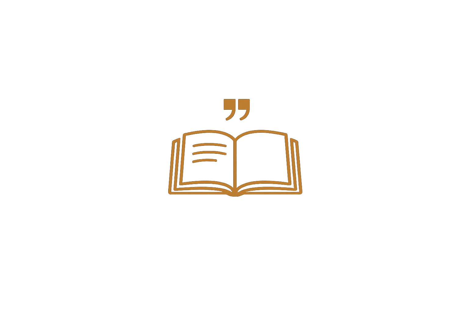 An outline drawing of an open book with quotation marks above it, depicted in gold on a black background.