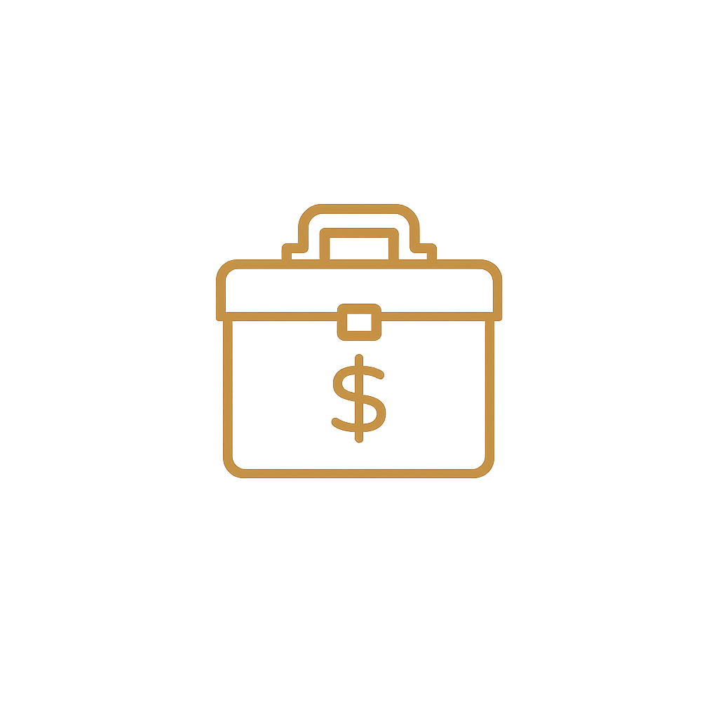 Line drawing of a briefcase with a dollar sign on it, representing money or financial business.