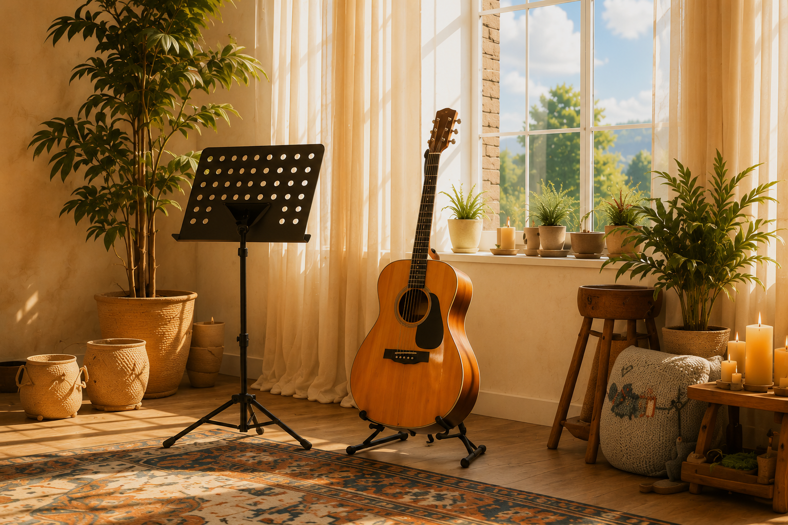 A cozy room with a guitar on a stand, a music sheet holder, potted plants on a windowsill, and a rug on a wooden floor. Sunlight streams through large windows with curtains.