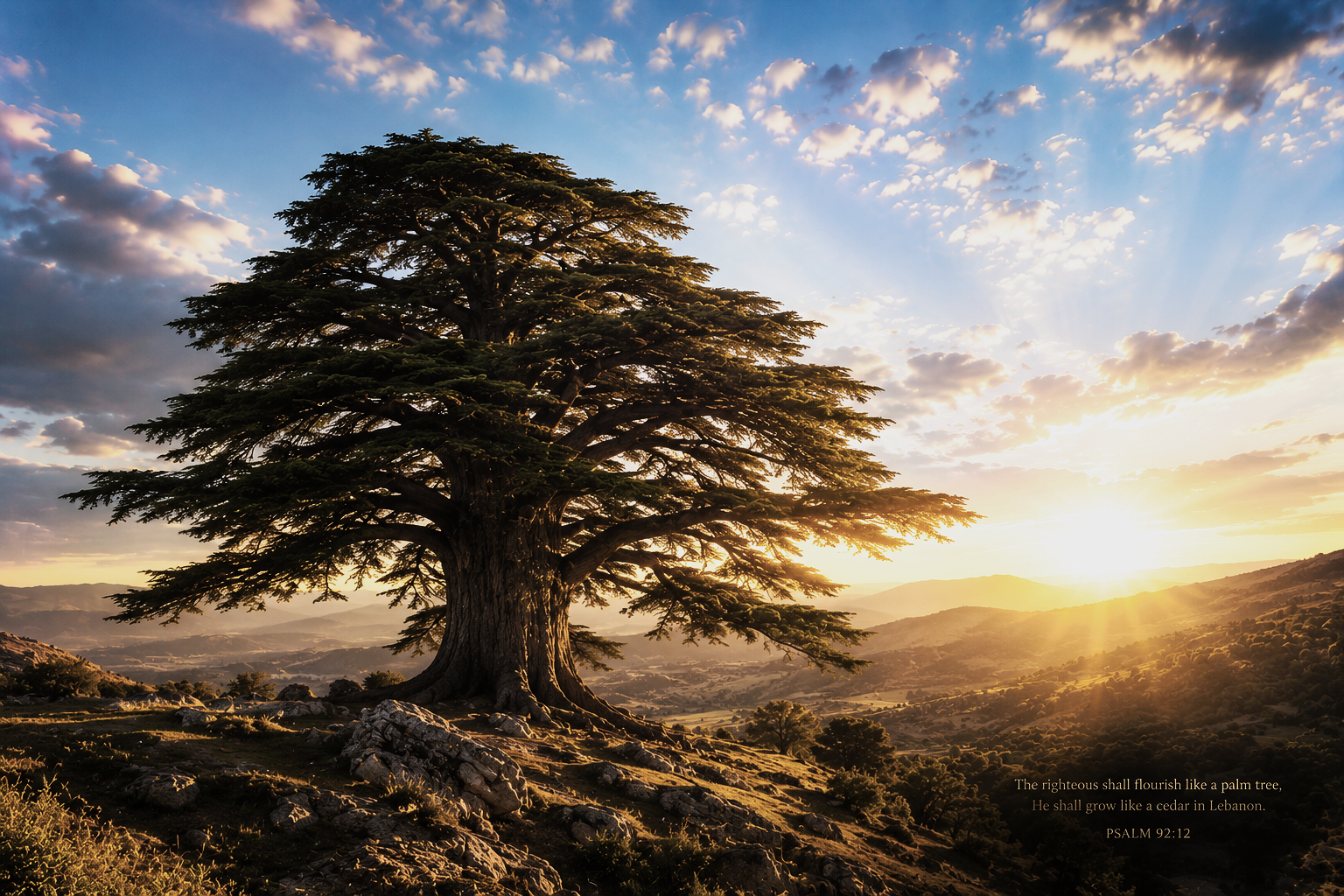 A large cedar tree on a hillside at sunset with mountains in the background, sunlight streaming through the clouds, and a Bible verse from Psalm 92:12 in the bottom right corner.