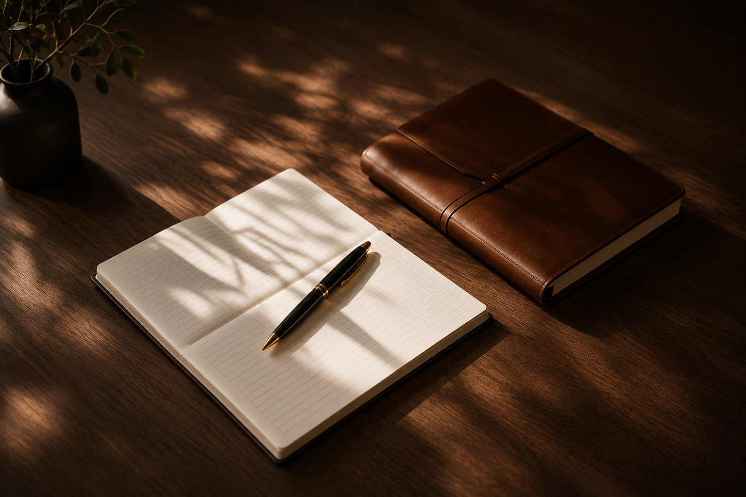 Open notebook with blank lines and a black and gold pen on a wooden desk, next to a closed brown leather notebook, and a small black vase with green plant leaves.