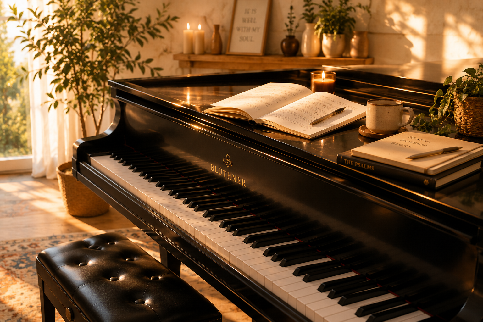 A black Blüthner grand piano with sheet music, a coffee mug, a lit candle, and a Bible on top, situated in a cozy sunlit room with plants and candles.