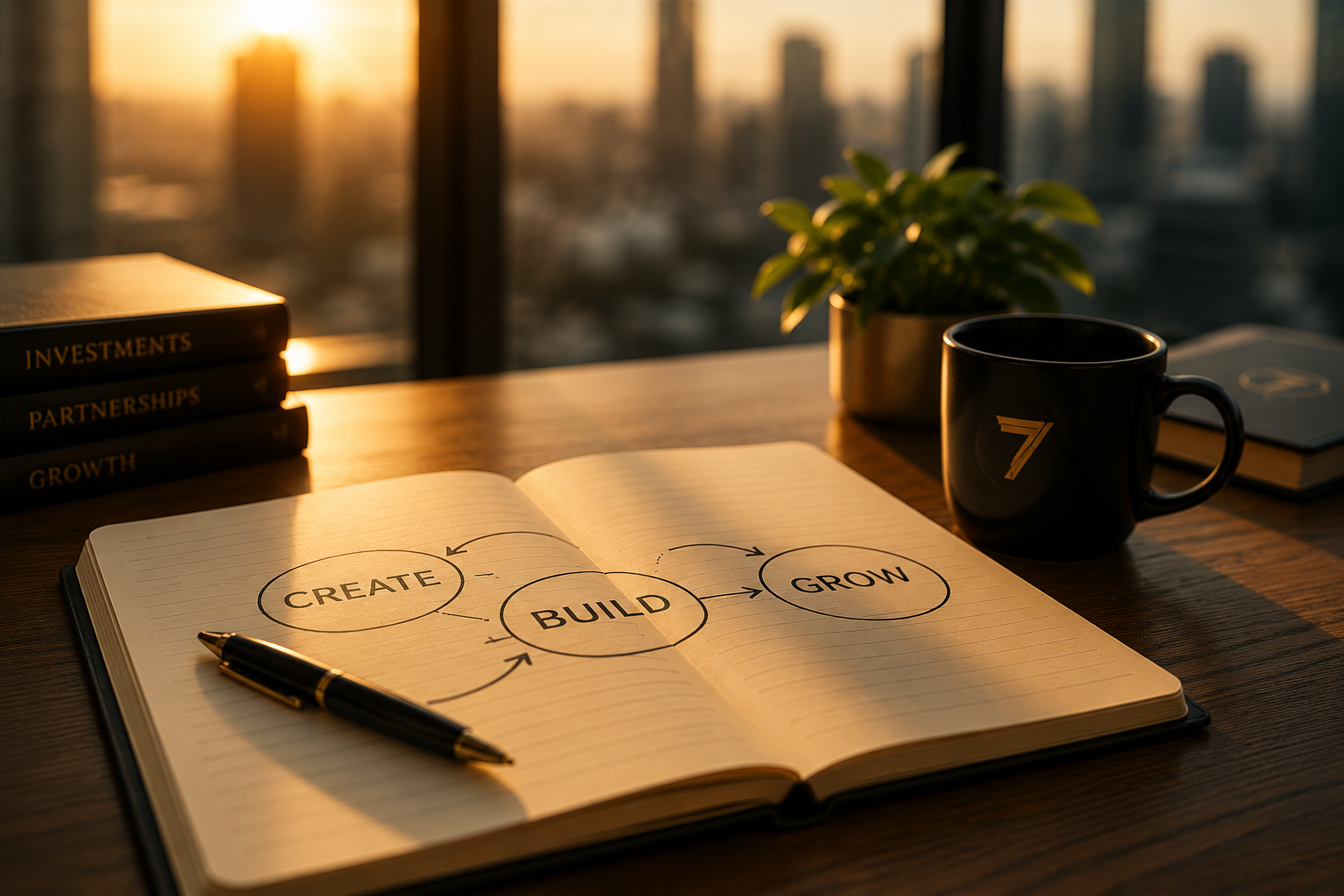 Open notebook with diagram showing the cycle Create, Build, Grow on a wooden desk with a black pen, black mug with the number 7, a potted plant, and books labeled Investments, Partnerships, and Growth, during sunset.