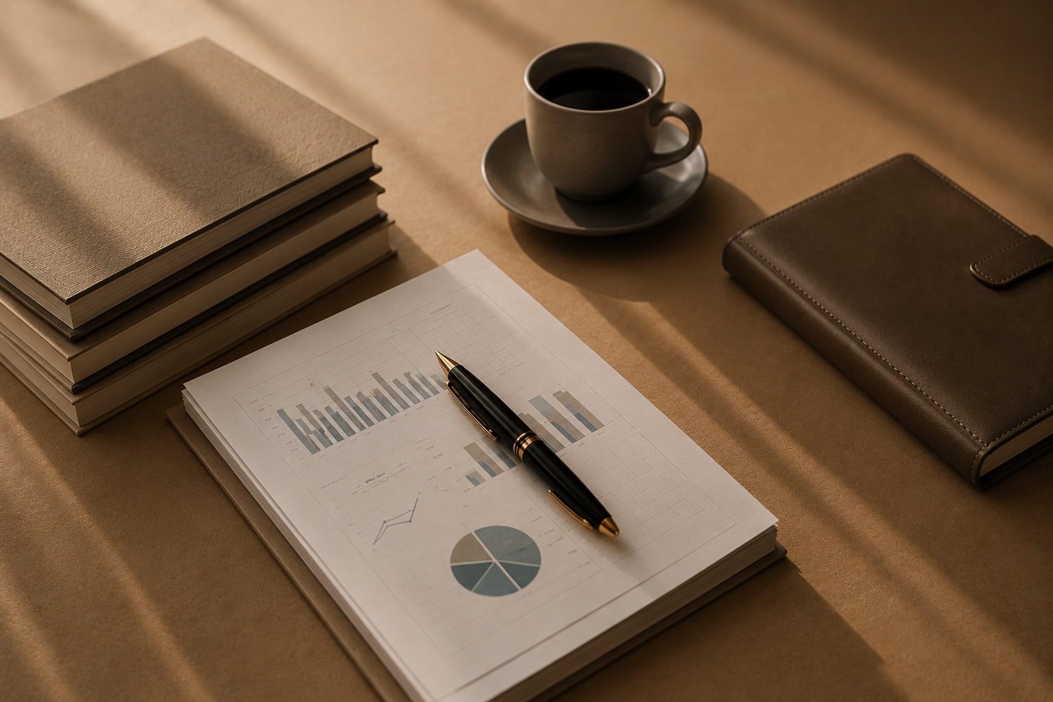 A desk with a stack of books, a cup of coffee on a saucer, a closed leather notebook, and printed charts with a black and gold pen resting on the charts.