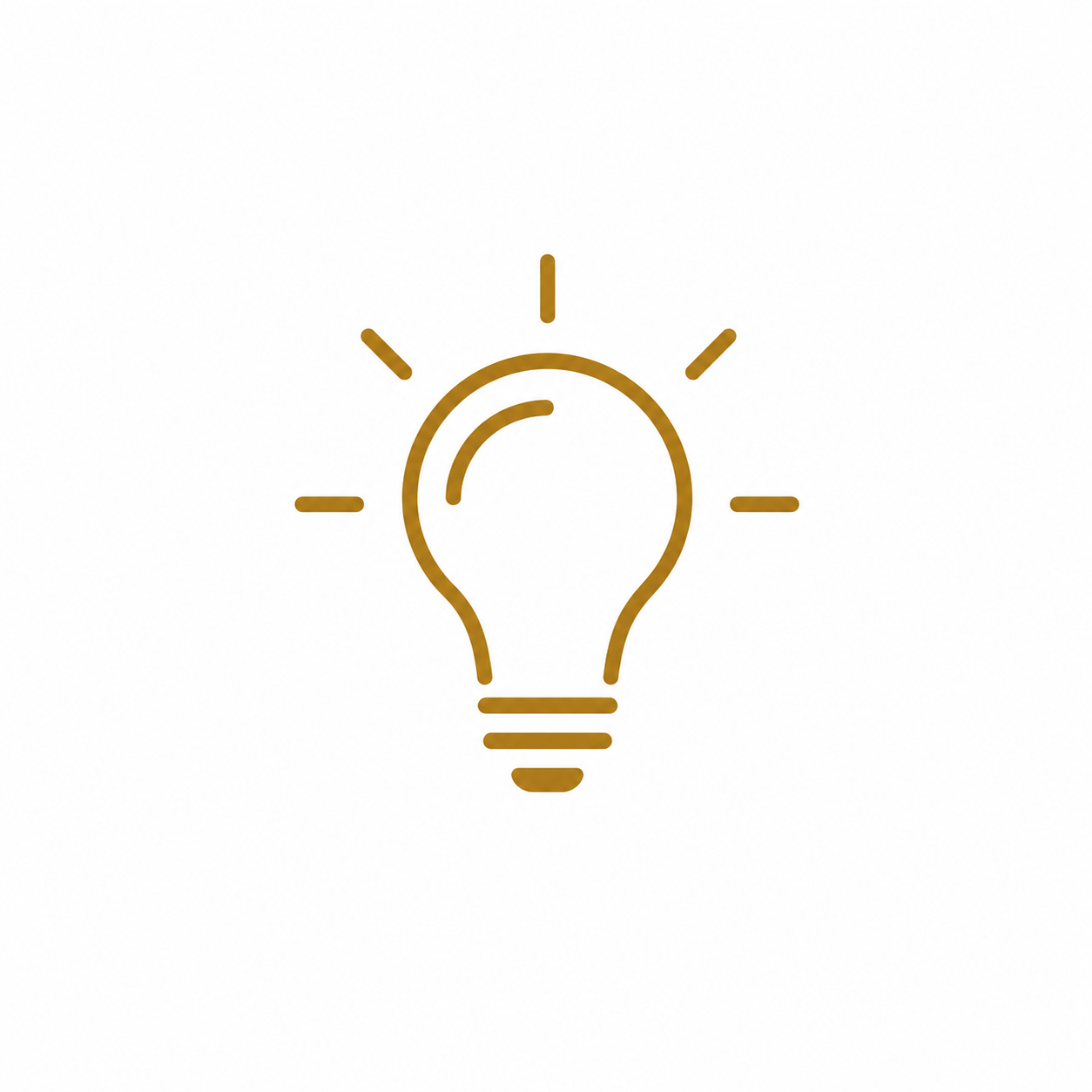 A gold outline of a light bulb with rays emanating from it on a white background.