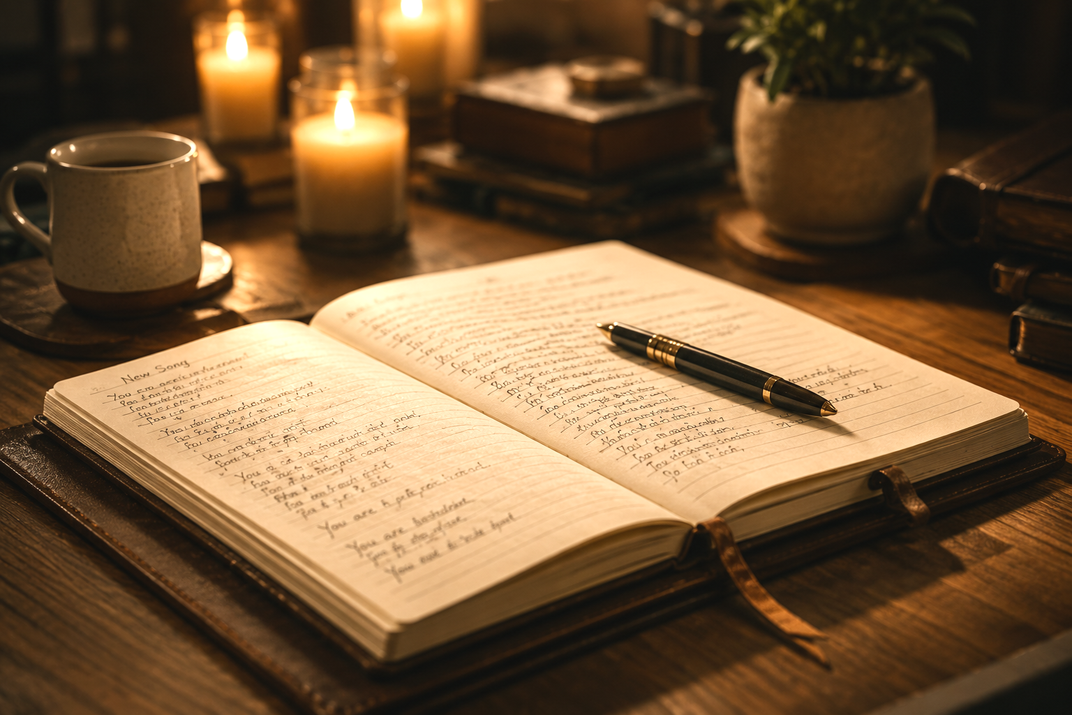 An open journal with handwritten notes, a black pen resting on the pages, surrounded by lit candles, a mug, a potted plant, and stacked books on a wooden table in a cozy setting.