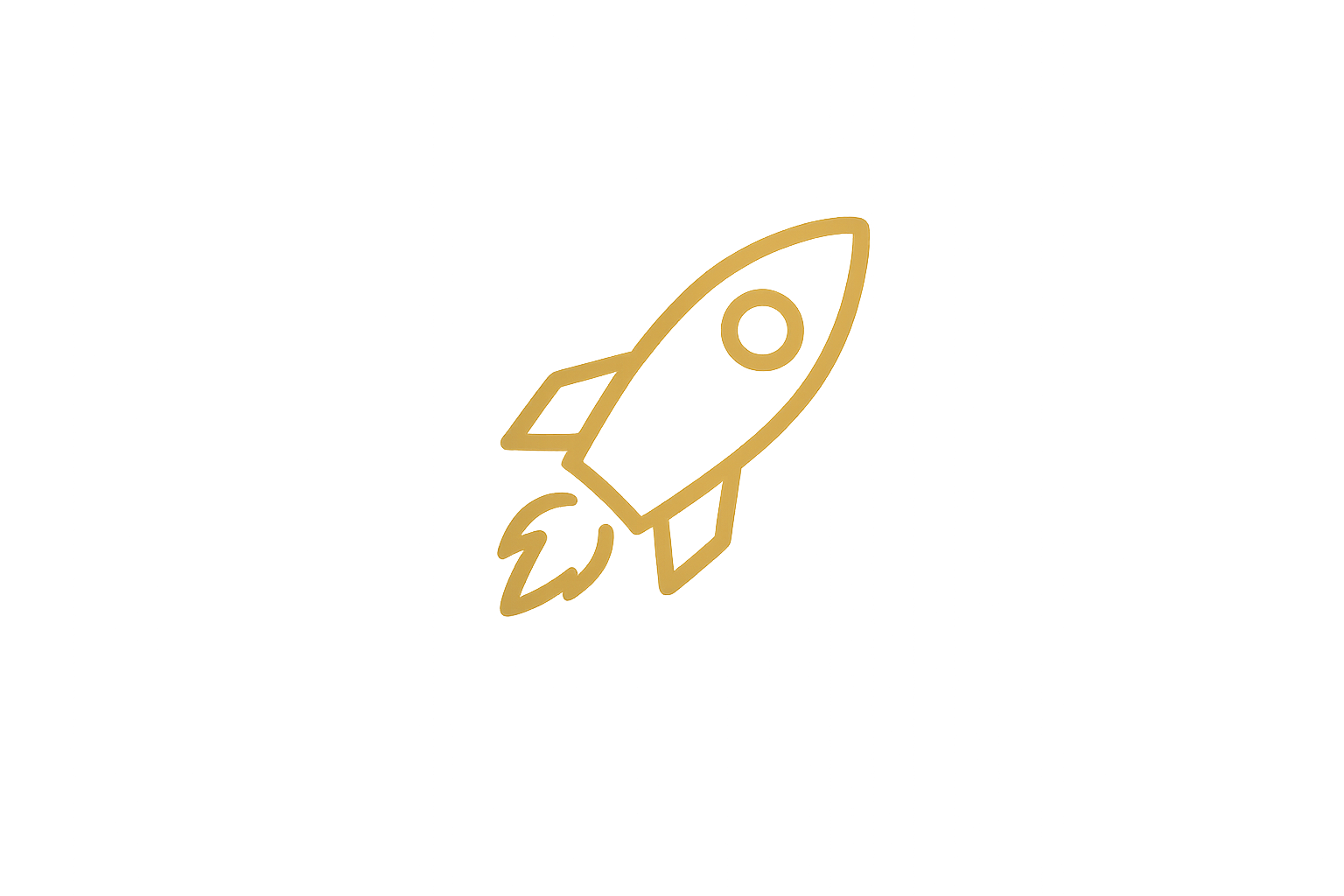 A digital illustration of a rocket ship launching, depicted with a simple, sketch-like design in gold color against a black background.