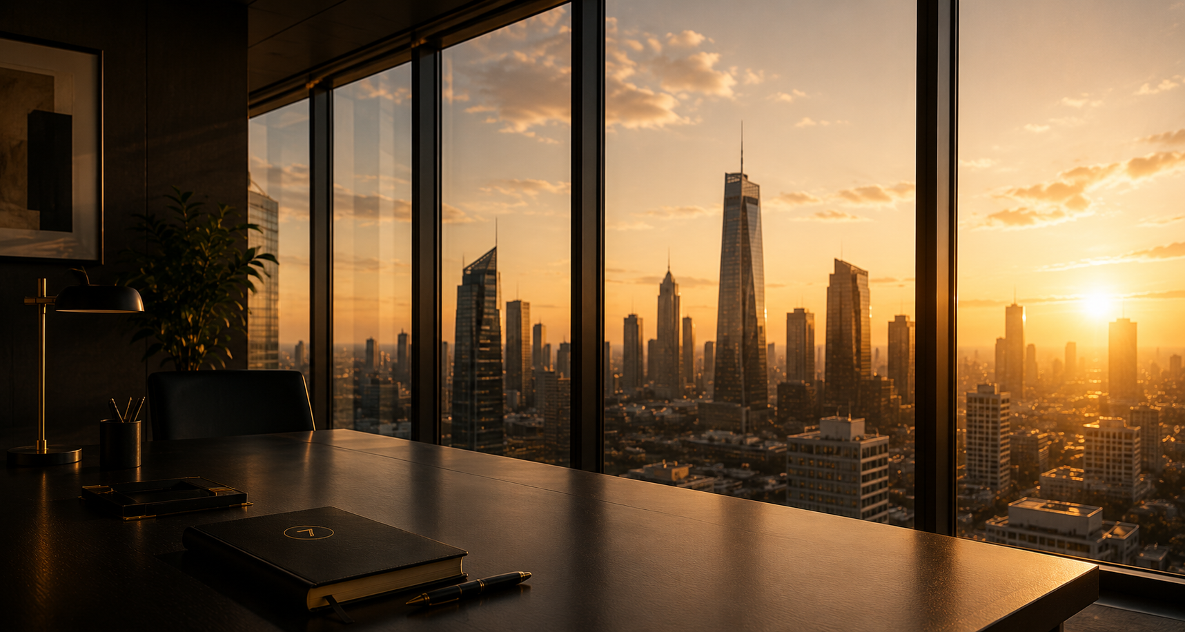 An office with a large desk, a black chair, a desk lamp, a plant, and a window with a view of a city skyline at sunset.