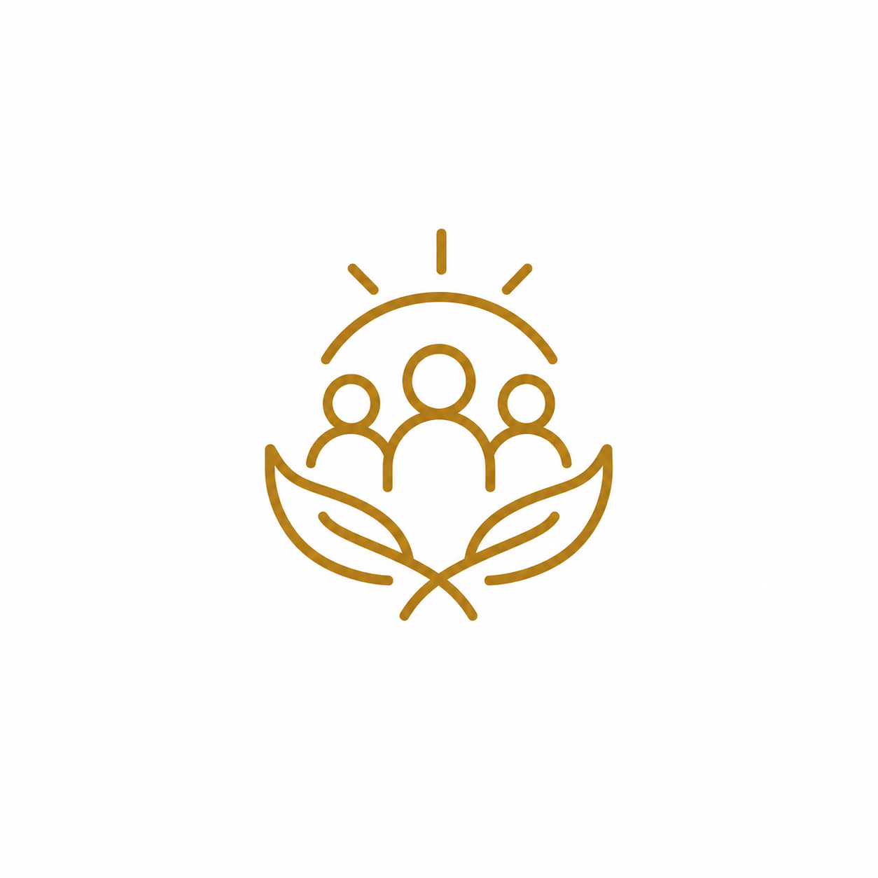 Gold line icon of three people above two leaves, with a semi-circle and lines representing the sun or light above them.