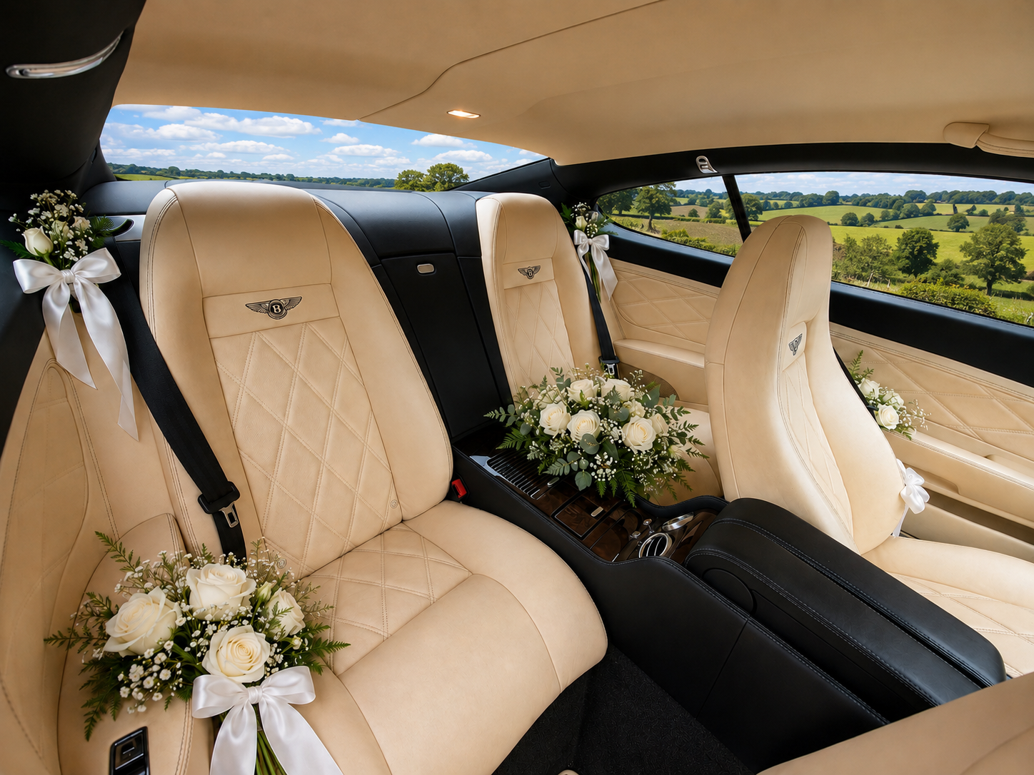 Interior of a luxury car decorated for a wedding, with cream-colored leather seats, white floral bouquets with roses and greenery, and a scenic countryside view through the windows.