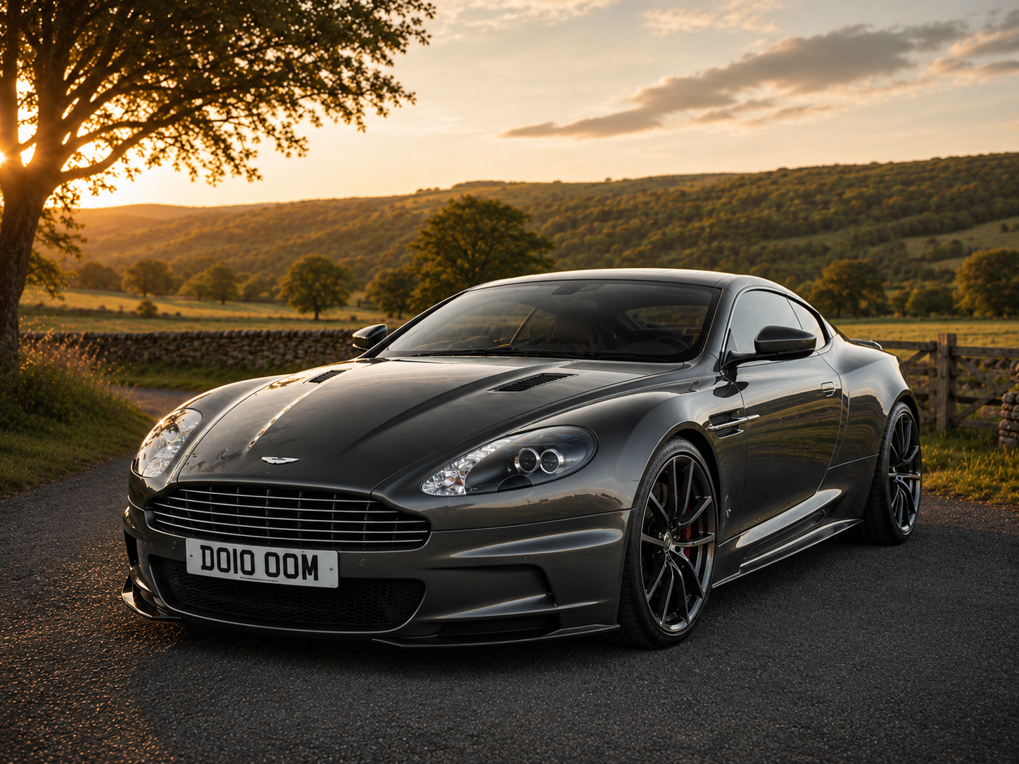 A black Aston Martin sports car parked on a rural road at sunset, with green fields and trees in the background.